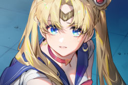 Rule 34 | 1girl, bishoujo senshi sailor moon, blonde hair, blue eyes, blue sailor collar, breasts, choker, circlet, cleavage, commentary, crescent, crescent earrings, crescent moon, derivative work, earrings, heart, heart choker, highres, jewelry, long hair, looking at viewer, meme, moon, parted lips, red choker, sailor collar, sailor moon, sailor moon redraw challenge (meme), screenshot redraw, solo, tears, tefco, tsukino usagi, twintails, upper body