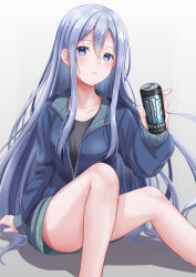 Rule 34 | 1girl, 25-ji nightcord de. (project sekai), absurdres, bare legs, black shirt, blue eyes, blue hair, blue jacket, can, collarbone, energy drink, feet out of frame, gradient background, grey background, grey hair, hair between eyes, highres, holding, holding can, jacket, knee up, long hair, long sleeves, looking at viewer, monster energy, parted lips, partially unzipped, project sekai, shirt, short shorts, shorts, sitting, solo, very long hair, white background, yoisaki kanade, yuzu ponzu (vgah7445), zipper