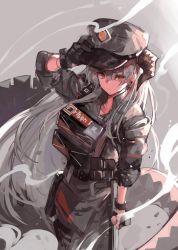 Rule 34 | 1girl, absurdres, adjusting clothes, adjusting headwear, arknights, baton (weapon), black gloves, black hat, black pants, black shirt, bracer, bulletproof vest, closed mouth, collared shirt, commentary, cowboy shot, debris, dokuro deluxe, dragon horns, dust, english commentary, frown, gloves, grey background, hair between eyes, hand up, hat, highres, horns, id card, long hair, looking at viewer, official alternate costume, orange eyes, pants, police hat, saria (arknights), saria (the law) (arknights), shirt, silver hair, single glove, sleeves rolled up, smoke, solo, walkie-talkie, weapon
