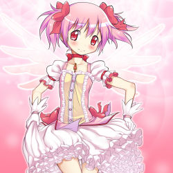 Rule 34 | 10s, 1girl, blush, bow, choker, clothes lift, gloves, hair bow, highres, kaname madoka, magical girl, mahou shoujo madoka magica, mahou shoujo madoka magica (anime), pink background, pink hair, pt@i, red eyes, short hair, skirt, skirt lift, smile, solo, twintails, white gloves