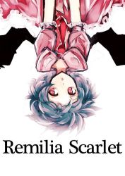 Rule 34 | 1girl, ascot, bat wings, character name, chiruru96, dress, frills, no headwear, open mouth, pink dress, puffy sleeves, purple hair, red eyes, remilia scarlet, short hair, short sleeves, simple background, solo, text focus, touhou, upside-down, white background, wings