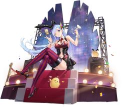 Rule 34 | 1girl, animal ears, azur lane, bare shoulders, black footwear, black hair, blue eyes, blue hair, bow, bowtie, breasts, clothing cutout, cocktail glass, cup, detached collar, drinking glass, fake animal ears, from below, full body, high heels, highres, holding, holding cup, large breasts, leotard, long hair, looking at viewer, manjuu (azur lane), navel cutout, official alternate costume, official art, one eye closed, playboy bunny, purple thighhighs, rabbit ears, red bow, red bowtie, red thighhighs, shoes, sitting, solo, speaker, stage, stage lights, strapless, strapless leotard, striped clothes, striped thighhighs, thighhighs, ticonderoga (azur lane), ticonderoga (show stopper!) (azur lane), tomohiro kai, transparent background, two-tone legwear, very long hair, wrist cuffs
