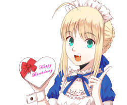 Rule 34 | 1girl, ahoge, artoria pendragon (all), artoria pendragon (fate), bad id, bad pixiv id, birthday, blonde hair, candy, chocolate, chocolate heart, fang, fate/stay night, fate (series), food, green eyes, hair ribbon, happy birthday, heart, heart chocolates, maid, maid headdress, official alternate costume, ribbon, saber (fate), solo, tristana-shen, valentine
