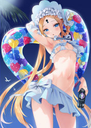 Rule 34 | 1girl, abigail williams (fate), abigail williams (swimsuit), abigail williams (swimsuit foreigner) (fate), abigail williams (swimsuit foreigner) (third ascension) (fate), arm behind head, arm up, armpits, bare shoulders, bikini, bird, blonde hair, blue eyes, blue sky, blush, bonnet, bow, braid, braided hair rings, breasts, can, drink can, fate/grand order, fate (series), forehead, hair bow, hair rings, highres, innertube, keyhole, long hair, looking at viewer, mhk (mechamania), miniskirt, navel, open mouth, palm tree, parted bangs, seagull, sidelocks, skirt, sky, small breasts, soda can, solo, swim ring, swimsuit, thighs, tree, twin braids, twintails, very long hair, white bikini, white bow, white headwear