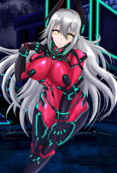 Rule 34 | 1girl, android, aqua nails, artist name, bodysuit, breasts, bright pupils, commentary, english commentary, gauntlets, glowing nails, grey hair, highres, horns, large breasts, long hair, looking at viewer, mechanical horns, mechanical legs, nail polish, red bodysuit, slit pupils, smile, valneekoart1, virtual youtuber, vshojo, white pupils, yellow eyes, zentreya, zentreya (cyborg), zentreya (cyborg) (1st costume)