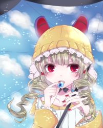 Rule 34 | 10s, 1girl, blonde hair, candy, drill hair, eating, food, highres, kyun (vacaloid), mahou shoujo ikusei keikaku, mahou shoujo ikusei keikaku jokers, nail polish, open mouth, red eyes, solo, umbrain, umbrella