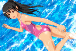 Rule 34 | 1girl, ano hito, ass, black hair, blue sky, breasts, brown eyes, cloud, commentary request, competition swimsuit, dutch angle, flat ass, highres, horizon, ocean, one-piece swimsuit, open mouth, original, pink one-piece swimsuit, ponytail, sky, small breasts, smile, solo, splashing, swimsuit, twisted torso