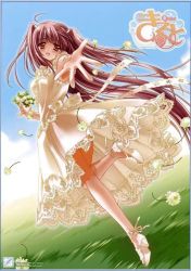 Rule 34 | 1girl, dress, female focus, flower, grass, long hair, outdoors, outstretched hand, red hair, shoes, sky, white dress