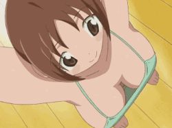 Rule 34 | 00s, 10s, 1girl, :&gt;, animated, animated png, arms up, bare shoulders, barefoot, blush, bouncing breasts, breasts, brown eyes, brown hair, cleavage, downblouse, female focus, floor, foreshortening, from above, hinako (issho ni training), indoors, issho ni training, lowres, no bra, short hair, short twintails, smile, solo, standing, sweat, tank top, training, twintails