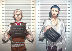 Rule 34 | 2boys, alternate costume, collarbone, collared shirt, cowboy shot, ascot, facial hair, fate/grand order, fate (series), formal, height chart, highres, holding, holding sign, james moriarty (archer) (fate), male focus, messy hair, mugshot, multiple boys, mustache, old, old man, open clothes, open shirt, redrop, sherlock holmes (fate), shirt, sign, silver hair, smirk, tired, translation request, vest, white shirt