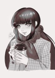 Rule 34 | 1girl, alternate costume, artist name, bow, bowtie, commentary, cropped torso, cup, danganronpa (series), danganronpa v3: killing harmony, english commentary, grey background, greyscale, hair ornament, hair scrunchie, hairclip, harukawa maki, highres, holding, holding cup, huge bow, jacket, long hair, long sleeves, looking at viewer, low twintails, missarilicious, mole, mole under eye, monochrome, open clothes, open jacket, plaid, plaid jacket, scrunchie, smile, solo, twintails