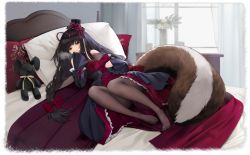 Rule 34 | 1girl, animal ears, azur lane, black hair, black headwear, black pantyhose, braid, dress, hat, highres, long hair, looking at viewer, lying, naganami (azur lane), naganami (long-awaited warmth) (azur lane), official alternate costume, official art, on bed, on side, pantyhose, pillow, see-through, squirrel ears, squirrel tail, suisai (suisao), tail, transparent background, two-tone dress, yellow eyes