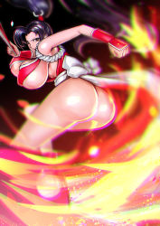 Rule 34 | 1girl, ass, breasts, brown hair, fatal fury, fire, highres, huge ass, large breasts, looking at viewer, looking back, luckfield, ponytail, shiranui mai, sideboob, solo, the king of fighters, thick thighs, thighs, wide hips