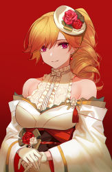 Rule 34 | 1girl, azur lane, bare shoulders, breasts, center frills, closed mouth, collarbone, drill hair, drill ponytail, earrings, eternity (shadeh), flower, frills, gloves, gradient background, hat, hat flower, hat ornament, highres, japanese clothes, jewelry, kimono, long hair, looking at viewer, medium breasts, mini hat, obi, off shoulder, open clothes, open kimono, orange hair, own hands together, pink eyes, ponytail, red background, red flower, red rose, richelieu (azur lane), richelieu (evergreen prophecy) (azur lane), rose, sash, smile, solo, swept bangs, underbust, white gloves, white hat, white kimono
