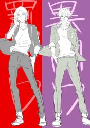 Rule 34 | 2boys, alternate costume, arms at sides, full body, looking at viewer, male focus, multiple boys, nanjou tatsuya, persona, persona 1, persona 2, persona 2 tsumi, persona dancing, persona dancing night, shoes, short hair, simple background, sneakers, toudou naoya, two-tone background