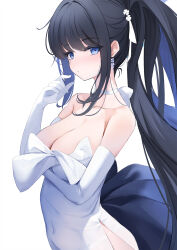 Rule 34 | 1girl, bare shoulders, black hair, blue archive, blue eyes, breasts, chinese commentary, choker, cleavage, collarbone, commentary request, covered navel, dress, earrings, elbow gloves, gloves, hair ornament, highres, jewelry, large breasts, long hair, looking at viewer, official alternate costume, ponytail, saori (blue archive), saori (dress) (blue archive), sidelocks, simple background, solo, standing, touxing no diluka, very long hair, white background, white choker, white dress, white gloves