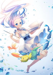 Rule 34 | 1girl, :o, art brush, barefoot, blue eyes, blush, book, bubble, dress, fish, gradient background, highres, holding, holding book, long hair, open book, original, paintbrush, pixiv, pixiv-tan, rie (reverie), silver hair, solo