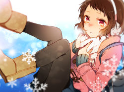 Rule 34 | 10s, 1girl, ankle boots, boots, brown hair, earmuffs, fur boots, hyouka, ibara mayaka, kiri (lwp01 lav), mittens, pantyhose, red eyes, scarf, short hair, solo, winter clothes