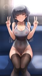 Rule 34 | 1girl, bare shoulders, black hair, black thighhighs, blush, breasts, cameltoe, cleavage, cleft of venus, closed mouth, collarbone, commentary request, competition swimsuit, covered navel, double v, exhibitionism, feet out of frame, fingernails, groin, highres, idolmaster, idolmaster shiny colors, long hair, looking at viewer, mayuzumi fuyuko, medium breasts, mk (mod0), one-piece swimsuit, out of frame, public indecency, sitting, smile, solo, solo focus, sweat, sweatdrop, swimsuit, thighhighs, train interior, v