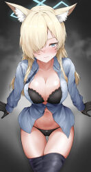 Rule 34 | 1girl, absurdres, animal ear fluff, animal ears, black background, black bra, black gloves, black panties, blonde hair, blue archive, blue eyes, blue shirt, blush, bra, breasts, cleavage, clenched teeth, clothes pull, collarbone, commentary, cowboy shot, dog ears, dress shirt, frown, gloves, gradient background, hair over one eye, highres, kanna (blue archive), large breasts, lds (dstwins97), long hair, long sleeves, looking at viewer, navel, no pants, one eye covered, open clothes, open shirt, panties, pantyhose, pantyhose pull, partially unbuttoned, shirt, simple background, solo, sweat, teeth, thighs, tsurime, underwear, v-shaped eyebrows