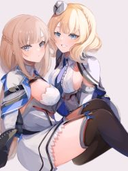Rule 34 | 2girls, between breasts, blonde hair, blue bow, blue eyes, blue necktie, bow, braid, breasts, capelet, colorado (kancolle), dress, garrison cap, grey capelet, grey dress, grey headwear, hat, headgear, highres, kantai collection, large breasts, long hair, low twintails, maryland (kancolle), multicolored capelet, multiple girls, necktie, necktie between breasts, pleated dress, radio antenna, ranran 3939, shirt, side braids, sideboob, sleeveless, thighhighs, twintails, white background, white shirt