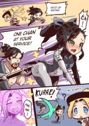 Rule 34 | 1boy, 2girls, ?, ^^^, ahegao, armor, asymmetrical clothes, bare shoulders, beard, bent over, black bow, black hair, blush, blush stickers, bodysuit, bow, breasts, collarbone, comic, crying, crying with eyes open, cyborg, drooling, english text, facebook username, facial hair, fang, genderswap, genderswap (mtf), genji (overwatch), green eyes, hair bow, hair tie, half-closed eyes, halo, hands up, hanzo (overwatch), high ponytail, highres, hm (hmongt), holding, holding staff, holding sword, holding weapon, japanese clothes, katana, long hair, looking at viewer, mechanical halo, mechanical wings, mercy (overwatch), multiple girls, nose blush, open mouth, overwatch, overwatch 1, right-to-left comic, rolling eyes, saliva, simple background, sobbing, spread wings, staff, streaming tears, sword, tears, trembling, turtleneck, weapon, wings, yellow wings
