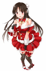 Rule 34 | 1girl, anchor, black gloves, black hair, black thighhighs, blush, detached collar, detached sleeves, elbow gloves, embarrassed, frilled skirt, frills, fugu custom, full body, fur-trimmed gloves, fur-trimmed sleeves, fur trim, gloves, hair ornament, high heels, highres, hiyou (kancolle), kantai collection, long hair, looking at viewer, miniskirt, one-hour drawing challenge, red eyes, red footwear, red skirt, santa costume, simple background, skirt, solo, thigh strap, thighhighs, white background