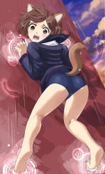 Rule 34 | 1girl, animal ears, ass, blush, brave witches, brown eyes, brown hair, crotch, dress, highres, hosoinogarou, karibuchi hikari, looking at viewer, military, military uniform, open mouth, outdoors, sailor dress, short hair, solo, squirrel ears, squirrel tail, swimsuit, tail, tears, uniform, world witches series