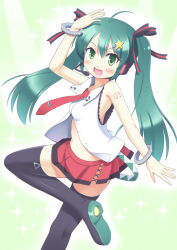 Rule 34 | 1girl, ahoge, blush, boots, bracelet, green eyes, green hair, hair ornament, hair ribbon, hairclip, hatsune miku, headset, highres, jewelry, long hair, matching hair/eyes, morujii, necktie, open mouth, ribbon, skirt, solo, thigh boots, thighhighs, twintails, vocaloid