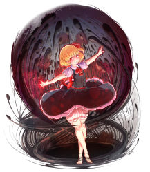 Rule 34 | 1girl, artist name, ascot, aura, barefoot, black skirt, black vest, blonde hair, bloomers, blush, bow, clothes lift, collared shirt, darkness, dress, energy, frilled skirt, frills, full body, furim, hair bow, highres, legs, looking at viewer, open hands, orb, outstretched arms, red eyes, rumia, shirt, short dress, short hair, skirt, skirt lift, skirt set, solo, thighs, toes, touhou, underwear, vest, white background, white shirt