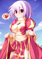 Rule 34 | 1girl, blush, breasts, clothes lift, cloud, day, dress, dress lift, garter straps, grin, heart, high priest (ragnarok online), highres, impossible clothes, light purple hair, medium breasts, ooyama kina, pelvic curtain, pink eyes, pointy ears, ragnarok online, short hair, sky, smile, solo, spoken heart