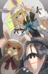 Rule 34 | 1boy, androgyne symbol, animal ears, black bow, blonde hair, blue bow, bow, breasts, bridget (guilty gear), chinese zodiac, commentary, cuffs, fake animal ears, garter straps, green eyes, guilty gear, guilty gear strive, hair between eyes, highres, hood, hood up, hoodie, jacket, leg up, looking at viewer, male playboy bunny, medium breasts, oversized object, rabbit ears, red bow, roger (guilty gear), shaded face, smile, stuffed animal, stuffed toy, symbol-only commentary, teddy bear, thigh strap, thighs, trap, v, white jacket, wrist cuffs, year of the rabbit, youmicitrustea, zipper pull tab