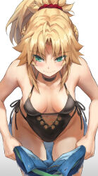 Rule 34 | 1girl, bare shoulders, black one-piece swimsuit, blonde hair, blush, braid, breasts, clothes pull, collarbone, fate/apocrypha, fate (series), french braid, green eyes, hair ornament, hair scrunchie, highres, jewelry, long hair, looking down, medium breasts, mordred (fate), necklace, one-piece swimsuit, pants, pants pull, ponytail, red scrunchie, scrunchie, sidelocks, solo, swimsuit, tonee, variant set