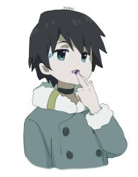Rule 34 | 10s, 1boy, aged down, black hair, blue eyes, coat, collar, darling in the franxx, findoworld, finger to face, fur trim, grey coat, hiro (darling in the franxx), looking at viewer, male focus, short hair, signature, solo, sweatdrop, winter clothes, winter coat