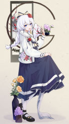 Rule 34 | 1girl, :d, absurdres, black footwear, blue dress, braid, braided ponytail, clothes lift, dress, earrings, flower, full body, hair between eyes, hair flower, hair ornament, hair ribbon, hand fan, highres, holding, holding clothes, holding fan, holding skirt, honkai (series), honkai impact 3rd, huge filesize, jacket, jewelry, long hair, long sleeves, looking at viewer, open mouth, pink flower, purple flower, red flower, red rose, ribbon, rose, shoes, skirt, skirt lift, smile, solo, standing, theresa apocalypse, thighhighs, vase, white hair, white jacket, white thighhighs, wood cube, yellow flower, yellow rose