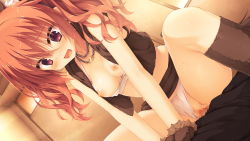 Rule 34 | 1girl, animal ears, animal hands, blush, breasts, breasts out, cat ears, cat paws, censored, clothing aside, fake animal ears, game cg, girl on top, inaba meguru, kobuichi, legs, long hair, looking down, lying, muririn, nipples, open mouth, orange hair, panties, panties aside, penis, pussy, red eyes, sanoba witch, sex, sitting, sitting on person, small breasts, sweat, thighs, twintails, underwear, vaginal