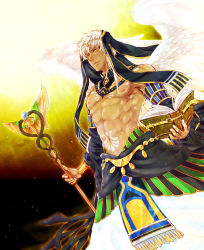 Rule 34 | 10s, 1boy, abs, book, dark skin, dark-skinned male, feathered wings, hair ornament, highres, jewelry, kamigami no asobi, male focus, mtk-rikw, navel, necklace, orange eyes, topless male, solo, staff, tattoo, thoth caduceus, tiara, veil, white hair, wings