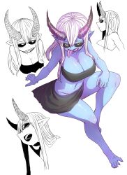 Rule 34 | 1girl, bandeau, black bandeau, black horns, black sclera, black skirt, blue skin, breasts, character sheet, cleavage, colored sclera, colored skin, colored tongue, commentary request, demon girl, demon horns, green eyes, highres, horns, large breasts, long hair, long tongue, multiple views, navel, original, pointy ears, purple tongue, sharp teeth, simple background, skirt, strapless, teeth, tongue, tongue out, tube top, white background, white hair, zyugoya