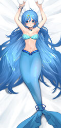 Rule 34 | 1girl, absurdres, armpits, arms up, bare shoulders, bed sheet, blue eyes, blue hair, blue tail, blush, bracelet, breasts, cleavage, collarbone, commentary request, commission, dakimakura (medium), earrings, full body, hair between eyes, hair ornament, highres, houshou hanon, jewelry, long hair, looking at viewer, medium breasts, mermaid, mermaid melody pichi pichi pitch, momoman (mochinko84), monster girl, navel, necklace, parted lips, shadow, sheet grab, shell, shell bikini, shell necklace, sidelocks, skeb commission, smile, solo, star (symbol), star earrings, star hair ornament, stomach, very long hair
