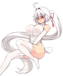 Rule 34 | 1girl, 3:, absurdres, ahoge, bare shoulders, between legs, blue eyes, blush, breasts, covered collarbone, covering privates, covering crotch, dress, elbow gloves, gloves, hair ribbon, hand between legs, heterochromia, highres, large breasts, long hair, no panties, no shoes, nose blush, original, ponytail, red eyes, red ribbon, ribbon, scar, scar across eye, scar on face, side slit, simple background, solo, sub-res, thighhighs, very long hair, white background, white dress, white gloves, white hair, white thighhighs