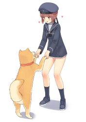 Rule 34 | 1girl, :d, animal, bad id, bad pixiv id, beret, black dress, black footwear, black hat, black neckerchief, black socks, blue hat, blue socks, blunt bangs, blush, brown eyes, character name, clothes writing, dog, dress, full body, hat, heart, highres, kantai collection, kneehighs, legs apart, long sleeves, neckerchief, open mouth, osananajimi neko, red hair, sailor dress, shoes, short dress, short hair, simple background, smile, socks, solo, standing, white background, z3 max schultz (kancolle)
