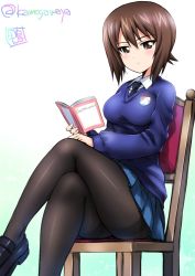Rule 34 | 10s, 1girl, alternate costume, black footwear, black necktie, black pantyhose, blue skirt, blue sweater, book, breasts, brown eyes, brown hair, chair, closed mouth, commentary request, dress shirt, emblem, girls und panzer, holding, holding book, kamogawa tanuki, loafers, long sleeves, looking at viewer, medium breasts, miniskirt, necktie, nishizumi maho, one-hour drawing challenge, pantyhose, pleated skirt, saucer, school uniform, shirt, shoes, short hair, sitting, skirt, solo, st. gloriana&#039;s school uniform, sweater, thighband pantyhose, twitter username, v-neck, white shirt