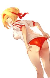 Rule 34 | 10s, 1girl, :d, ass, back, bad id, bad pixiv id, blonde hair, blush, braid, breasts, buruma, fate/extra, fate/grand order, fate (series), green eyes, gym uniform, hair ribbon, highres, looking at viewer, looking back, medium breasts, nero claudius (fate), nero claudius (fate) (all), nero claudius (fate/extra), nero claudius (olympian bloomers) (fate), official alternate costume, open mouth, ramuda (guilty931), ribbon, simple background, smile, solo, standing, teeth, white background