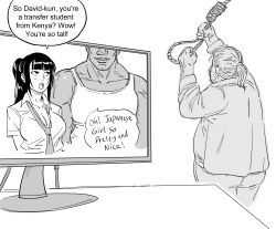 Rule 34 | 1girl, 2boys, bb (baalbuddy), blunt bangs, breasts, cleavage, collared shirt, commentary, english commentary, english text, greyscale, height difference, highres, imminent suicide, interracial, large breasts, long hair, monitor, monochrome, multiple boys, necktie, netorare, noose, open mouth, original, otaku, parody, parted lips, ponytail, school uniform, shirt, simple background, smile, suicide, white background, wing collar