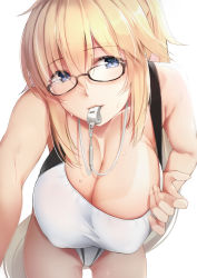 Rule 34 | 1girl, absurdres, bikini tan, blonde hair, blue eyes, blush, breasts, cleavage, competition swimsuit, fate/grand order, fate (series), glasses, groin, hair between eyes, hazuki gyokuto, highres, jeanne d&#039;arc (fate), jeanne d&#039;arc (ruler) (fate), jeanne d&#039;arc (swimsuit archer) (fate), jeanne d&#039;arc (swimsuit archer) (second ascension) (fate), large breasts, leaning forward, long hair, looking at viewer, looking over eyewear, one-piece swimsuit, ponytail, simple background, smile, solo, swimsuit, tan, tanline, very long hair, wet, whistle, whistle around neck, white background