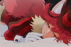 Rule 34 | 1girl, bed sheet, black background, brown hat, closed mouth, cure chocolat, dededeteiu, dog tail, earrings, gloves, half-closed eyes, hat, highres, jewelry, kenjou akira, kirakira precure a la mode, looking at viewer, precure, red eyes, red hair, short hair, smile, solo, sparkle, striped, tail, thighhighs, vertical stripes, white gloves, white thighhighs