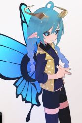 Rule 34 | 1girl, ahoge, aqua hair, black sclera, blue eyes, blue hair, blue nails, blue thighhighs, blue wings, braid, circlet, closed mouth, colored sclera, commission, fairy wings, fingernails, floating, gradient hair, grey background, heart, heart print, highres, long hair, multicolored hair, nail polish, original, own hands together, pointy ears, simple background, skeb commission, smile, solo, thighhighs, tissuebox (artist), turtleneck, twintails, wings