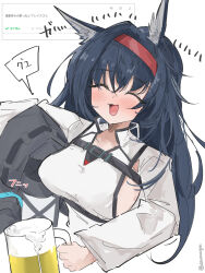 Rule 34 | 1girl, 1other, :d, alcohol, ambiguous gender, animal ear fluff, animal ears, arknights, arm on another&#039;s head, beer, beer mug, black hood, blaze (arknights), blue hair, blush, breasts, cat ears, cat girl, chest belt, closed eyes, clothing cutout, cup, doctor (arknights), enunomiya, fang, hairband, highres, hood, hug, large breasts, long hair, long sleeves, mug, open mouth, red hairband, shirt, sideboob, skin fang, smile, twitter username, upper body, white background, white shirt