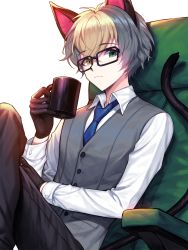 Rule 34 | 1boy, animal crossing, animal ears, black gloves, black pants, blonde hair, blue necktie, cat ears, cat tail, commentary request, cup, glasses, gloves, green eyes, hair between eyes, heterochromia, highres, holding, kyundoo, long sleeves, looking at viewer, male focus, necktie, nintendo, pants, personification, raymond (animal crossing), shirt, simple background, sitting, solo, tail, teacup, white background, white shirt