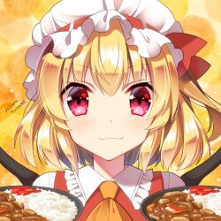 Rule 34 | 1girl, :3, blonde hair, check commentary, closed mouth, collar, collared vest, commentary, commentary request, curry, curry rice, flandre scarlet, food, frilled collar, frilled hat, frills, hat, hat ribbon, holding, holding food, looking at viewer, mob cap, one side up, orange background, polka dot, polka dot background, red eyes, red ribbon, red vest, ribbon, ribbon-trimmed headwear, ribbon trim, rice, sakura tsubame, short hair, signature, smile, touhou, upper body, v-shaped eyebrows, vest, white collar, white headwear, white sleeves, wings